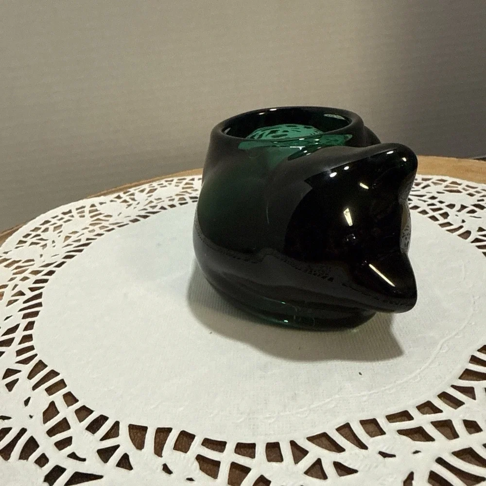 Indiana Glass Sleeping Kitten Emerald Green Glass Votive Tealight Holder Cat